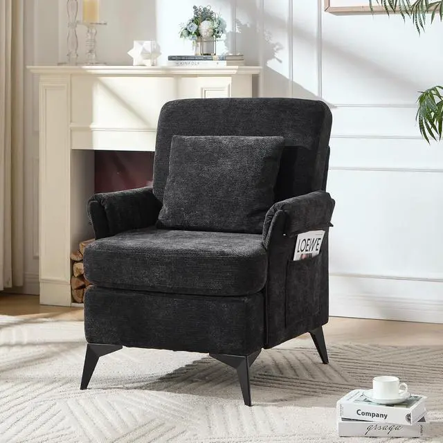 Alt view image 7 of 7 - Accent Chair Set of 2, Upholstered Armchair Club Reading Chair Mid-Century Modern Chair with Pillow for Living Room/Bedroom(Black)