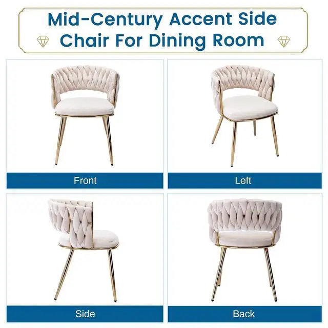 Alt view image 7 of 7 - Modern Velvet Dining Chairs Set of 4, Upholstered Living Room Chair with Woven Back and Golden Metal Legs, Mid-Century Accent Side Chair for Dining Room, Kitchen, Beige