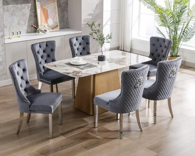 Alt view image 2 of 7 - Velvet Upholstered Dining Chairs Set of 6, Modern Button Tufted Chairs with Lion Head Pull Ring and Stainless Steel Legs for Living Room Kitchen, Gray