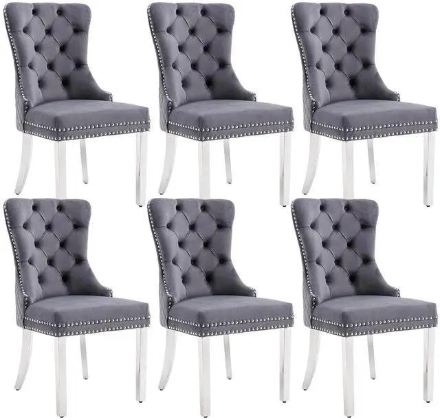 Main image of Velvet Upholstered Dining Chairs Set of 6, Modern Button Tufted Chairs with Lion Head Pull Ring and Stainless Steel Legs for Living Room Kitchen, Gray