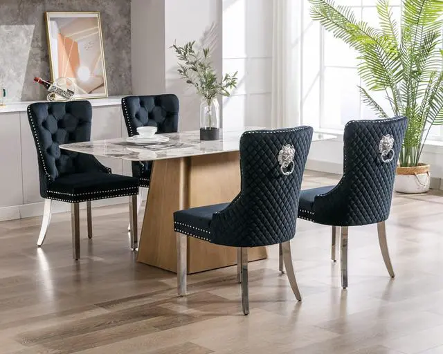 Alt view image 2 of 7 - Velvet Upholstered Dining Chairs Set of 4, Modern Button Tufted Chairs with Lion Head Pull Ring and Stainless Steel Legs for Living Room Kitchen, Black