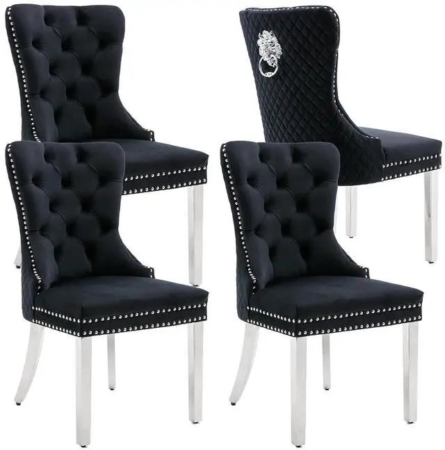Main image of Velvet Upholstered Dining Chairs Set of 4, Modern Button Tufted Chairs with Lion Head Pull Ring and Stainless Steel Legs for Living Room Kitchen, Black