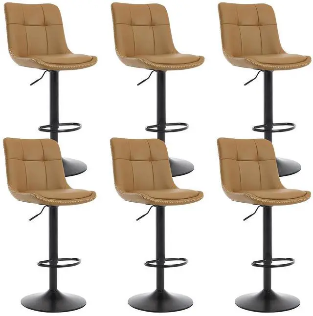 Main image of Bar Stools Set of 6, Adjustable PU Leather Swivel Barstools, Modern Upholstered Counter Stools with Back and Footrest, Counter Height Barstools for Kitchen,Bar,Dining Room Brown