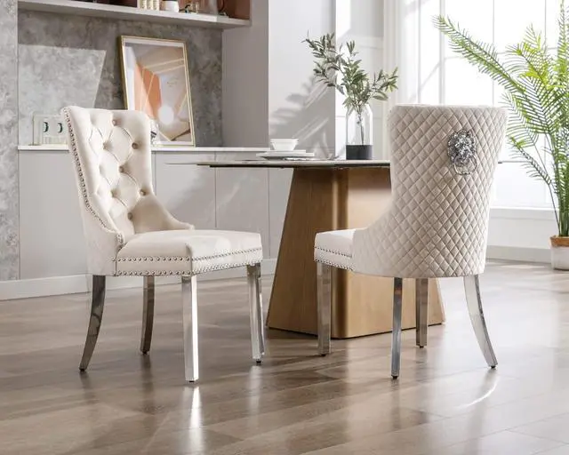 Alt view image 2 of 7 - Velvet Upholstered Dining Chairs Set of 2, Modern Button Tufted Chairs with Lion Head Pull Ring and Stainless Steel Legs for Living Room Kitchen, Beige