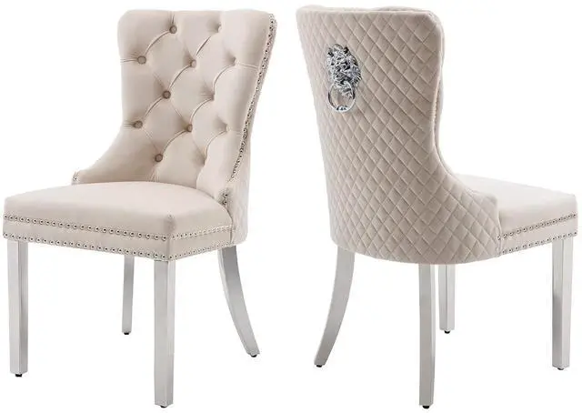 Main image of Velvet Upholstered Dining Chairs Set of 2, Modern Button Tufted Chairs with Lion Head Pull Ring and Stainless Steel Legs for Living Room Kitchen, Beige