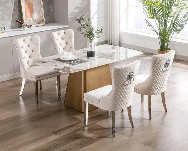 Alt view image 2 of 7 - Velvet Upholstered Dining Chairs Set of 4, Modern Button Tufted Chairs with Lion Head Pull Ring and Stainless Steel Legs for Living Room Kitchen, Beige