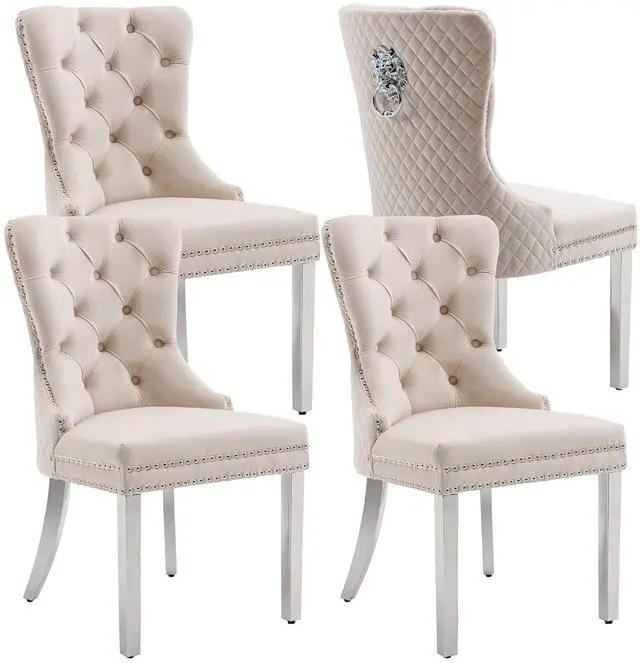 Main image of Velvet Upholstered Dining Chairs Set of 4, Modern Button Tufted Chairs with Lion Head Pull Ring and Stainless Steel Legs for Living Room Kitchen, Beige