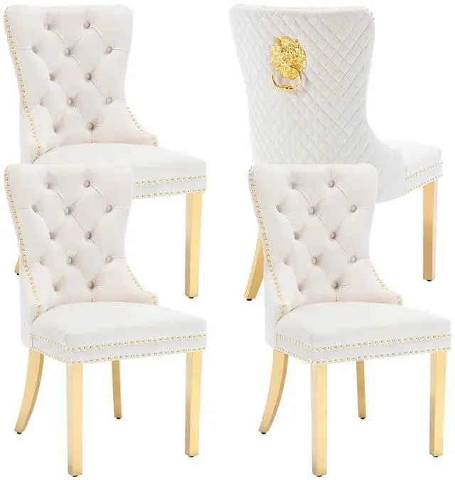 Main image of Velvet Upholstered Dining Chairs Set of 4, Modern Button Tufted Chairs with Lion Head Pull Ring and Stainless Steel Legs for Living Room Kitchen, Beige