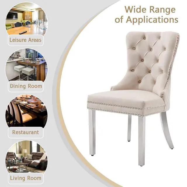 Alt view image 7 of 7 - Velvet Upholstered Dining Chairs Set of 2, Modern Button Tufted Chairs with Lion Head Pull Ring and Stainless Steel Legs for Living Room Kitchen, Beige
