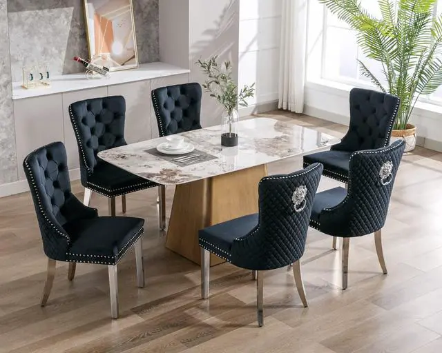 Alt view image 2 of 7 - Velvet Upholstered Dining Chairs Set of 6, Modern Button Tufted Chairs with Lion Head Pull Ring and Stainless Steel Legs for Living Room Kitchen, Black