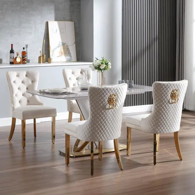 Alt view image 4 of 7 - Velvet Upholstered Dining Chairs Set of 4, Modern Button Tufted Chairs with Lion Head Pull Ring and Stainless Steel Legs for Living Room Kitchen, Beige