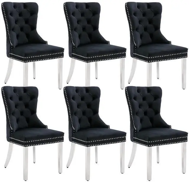 Main image of Velvet Upholstered Dining Chairs Set of 6, Modern Button Tufted Chairs with Lion Head Pull Ring and Stainless Steel Legs for Living Room Kitchen, Black