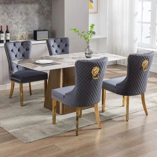 Alt view image 2 of 7 - Velvet Upholstered Dining Chairs Set of 4, Modern Button Tufted Chairs with Lion Head Pull Ring and Stainless Steel Legs for Living Room Kitchen, Dark Gray