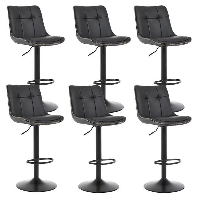 Main image of Bar Stools Set of 6, Adjustable PU Leather Swivel Barstools, Modern Upholstered Counter Stools with Back and Footrest, Counter Height Barstools for Kitchen,Bar,Dining Room Black