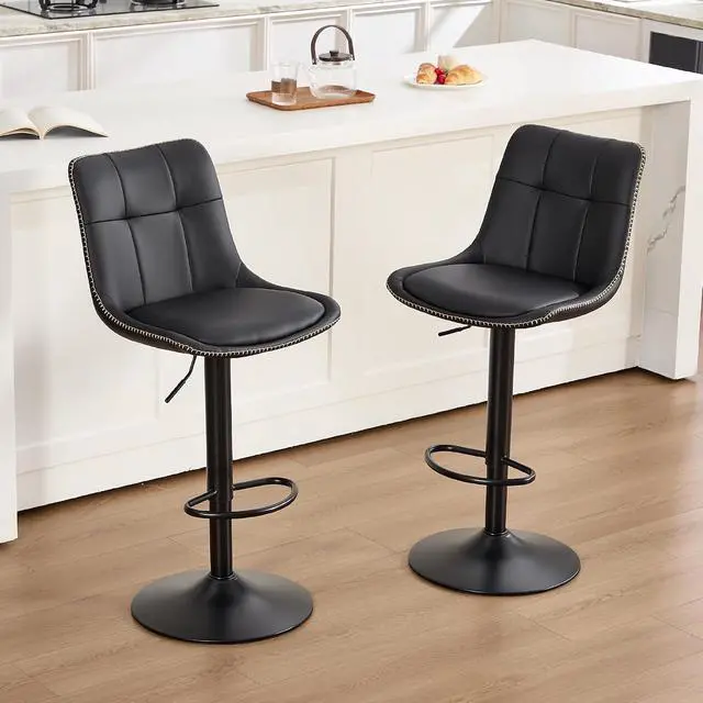 Alt view image 2 of 7 - Bar Stools Set of 2, Adjustable PU Leather Swivel Barstools, Modern Upholstered Counter Stools with Back and Footrest, Counter Height Barstools for Kitchen,Bar,Dining Room Black