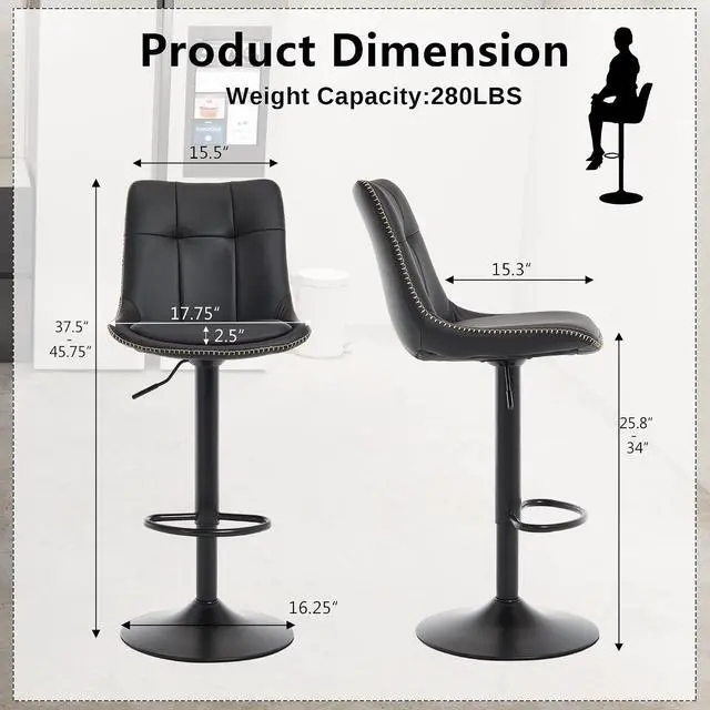 Alt view image 3 of 7 - Bar Stools Set of 2, Adjustable PU Leather Swivel Barstools, Modern Upholstered Counter Stools with Back and Footrest, Counter Height Barstools for Kitchen,Bar,Dining Room Black