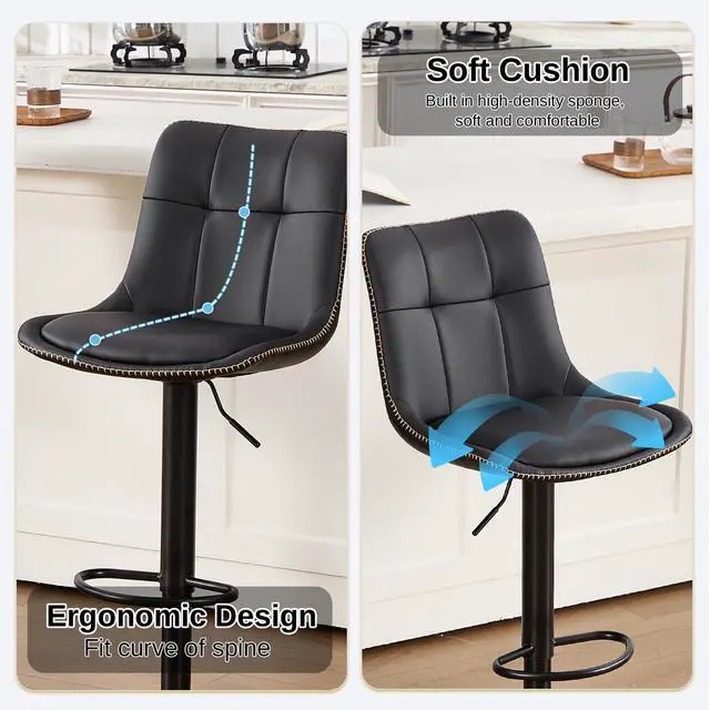Alt view image 6 of 7 - Bar Stools Set of 2, Adjustable PU Leather Swivel Barstools, Modern Upholstered Counter Stools with Back and Footrest, Counter Height Barstools for Kitchen,Bar,Dining Room Black