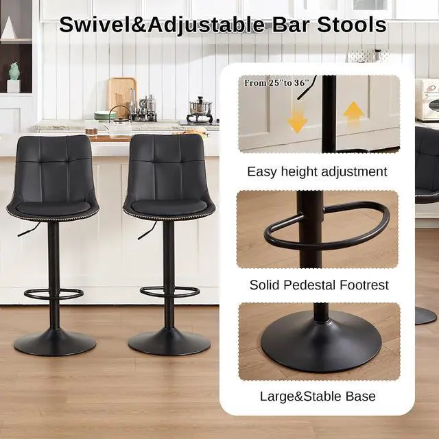 Alt view image 5 of 7 - Bar Stools Set of 2, Adjustable PU Leather Swivel Barstools, Modern Upholstered Counter Stools with Back and Footrest, Counter Height Barstools for Kitchen,Bar,Dining Room Black