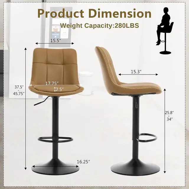 Alt view image 3 of 7 - Bar Stools Set of 6, Adjustable PU Leather Swivel Barstools, Modern Upholstered Counter Stools with Back and Footrest, Counter Height Barstools for Kitchen,Bar,Dining Room Brown