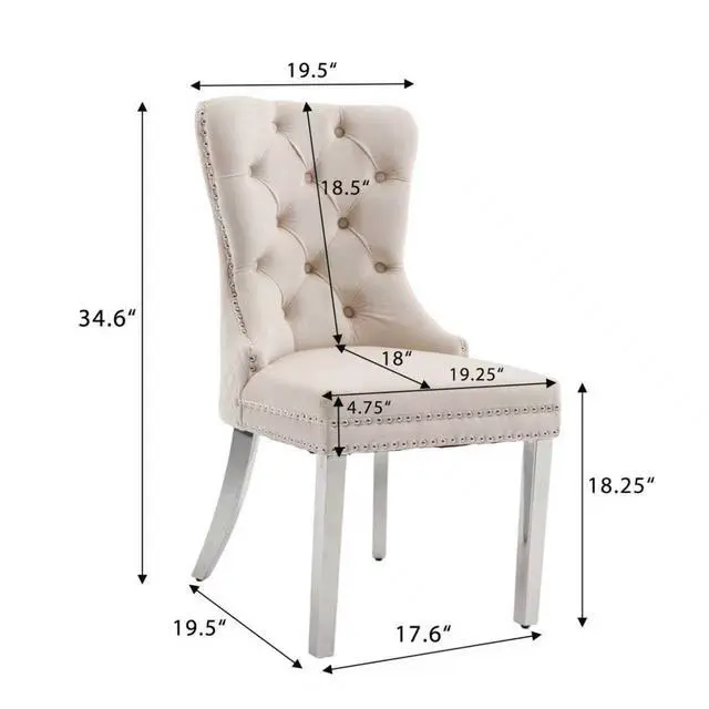 Alt view image 3 of 7 - Velvet Upholstered Dining Chairs Set of 2, Modern Button Tufted Chairs with Lion Head Pull Ring and Stainless Steel Legs for Living Room Kitchen, Beige