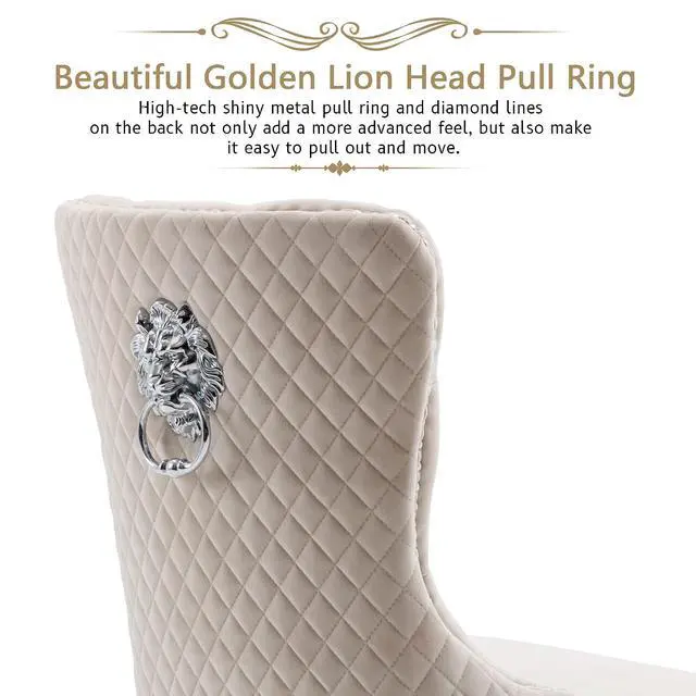Alt view image 4 of 7 - Velvet Upholstered Dining Chairs Set of 2, Modern Button Tufted Chairs with Lion Head Pull Ring and Stainless Steel Legs for Living Room Kitchen, Beige