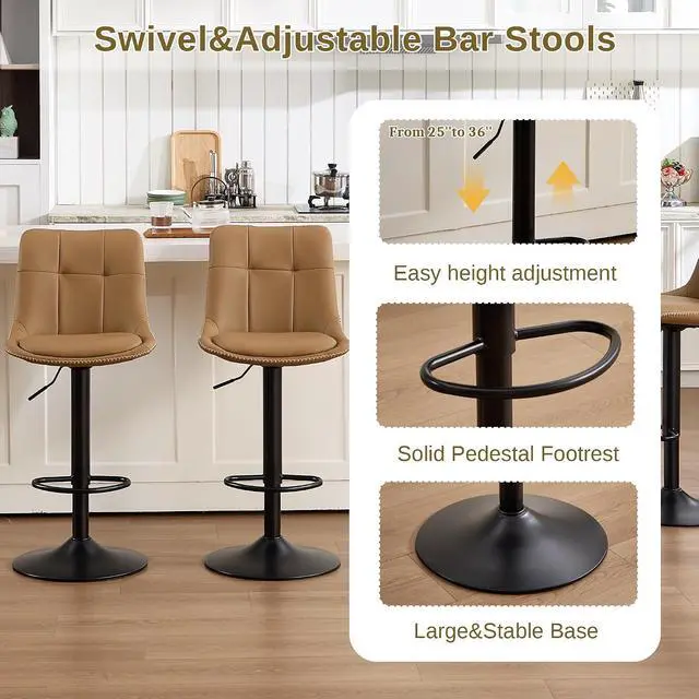 Alt view image 5 of 7 - Bar Stools Set of 6, Adjustable PU Leather Swivel Barstools, Modern Upholstered Counter Stools with Back and Footrest, Counter Height Barstools for Kitchen,Bar,Dining Room Brown