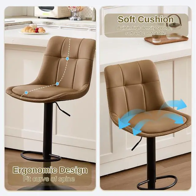 Alt view image 6 of 7 - Bar Stools Set of 6, Adjustable PU Leather Swivel Barstools, Modern Upholstered Counter Stools with Back and Footrest, Counter Height Barstools for Kitchen,Bar,Dining Room Brown