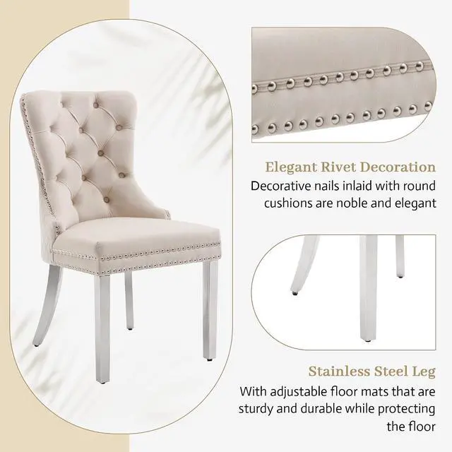 Alt view image 5 of 7 - Velvet Upholstered Dining Chairs Set of 2, Modern Button Tufted Chairs with Lion Head Pull Ring and Stainless Steel Legs for Living Room Kitchen, Beige