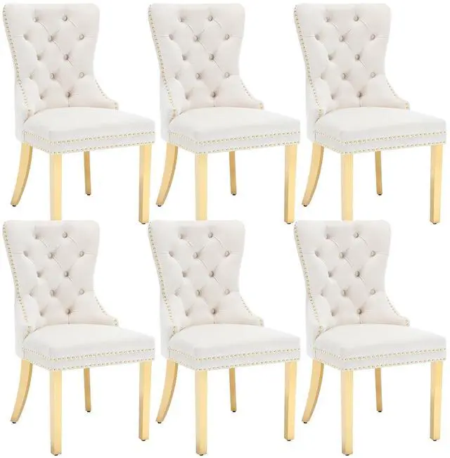 Main image of Velvet Upholstered Dining Chairs Set of 6, Modern Button Tufted Chairs with Lion Head Pull Ring and Stainless Steel Legs for Living Room Kitchen, Beige