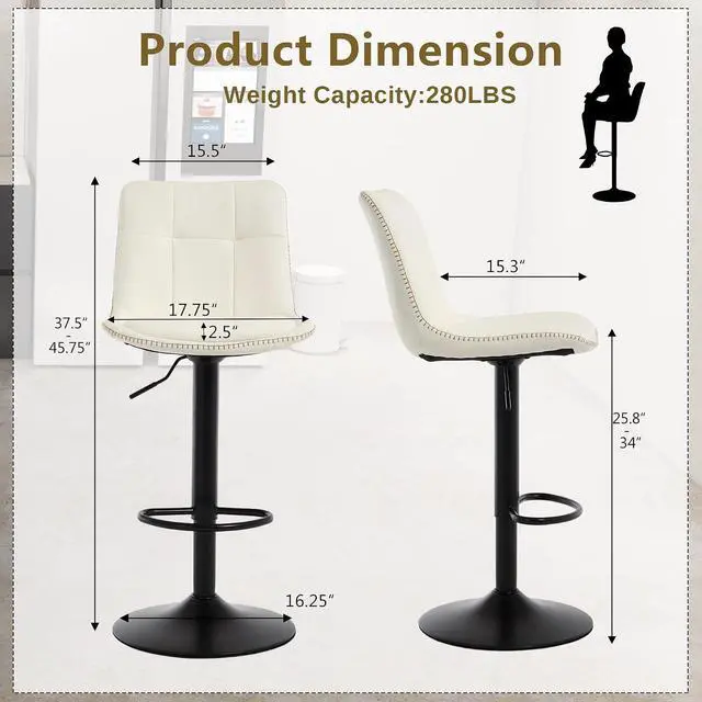 Alt view image 2 of 7 - Bar Stools Set of 6, Adjustable PU Leather Swivel Barstools, Modern Upholstered Counter Stools with Back and Footrest, Counter Height Barstools for Kitchen,Bar,Dining Room White