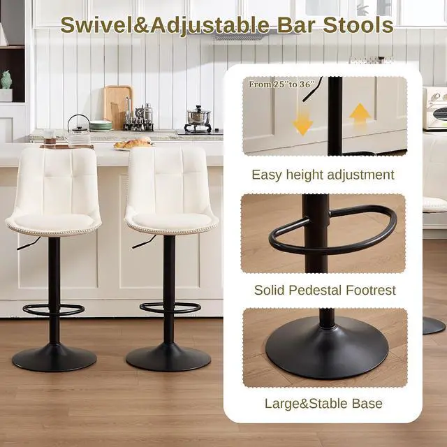 Alt view image 4 of 7 - Bar Stools Set of 6, Adjustable PU Leather Swivel Barstools, Modern Upholstered Counter Stools with Back and Footrest, Counter Height Barstools for Kitchen,Bar,Dining Room White