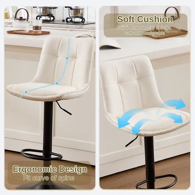 Alt view image 5 of 7 - Bar Stools Set of 6, Adjustable PU Leather Swivel Barstools, Modern Upholstered Counter Stools with Back and Footrest, Counter Height Barstools for Kitchen,Bar,Dining Room White