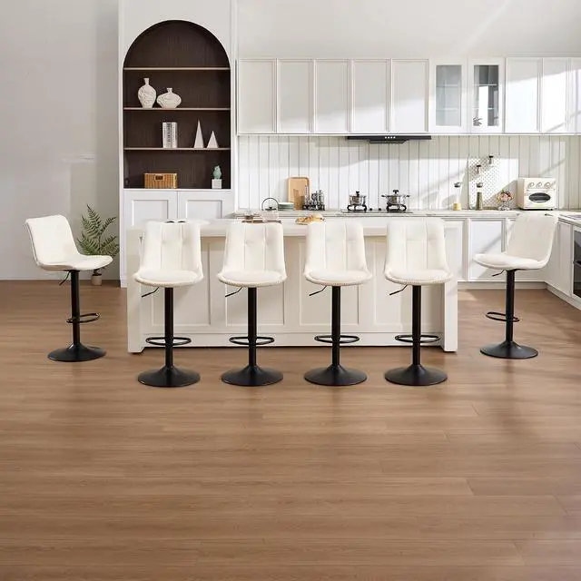 Main image of Bar Stools Set of 6, Adjustable PU Leather Swivel Barstools, Modern Upholstered Counter Stools with Back and Footrest, Counter Height Barstools for Kitchen,Bar,Dining Room White