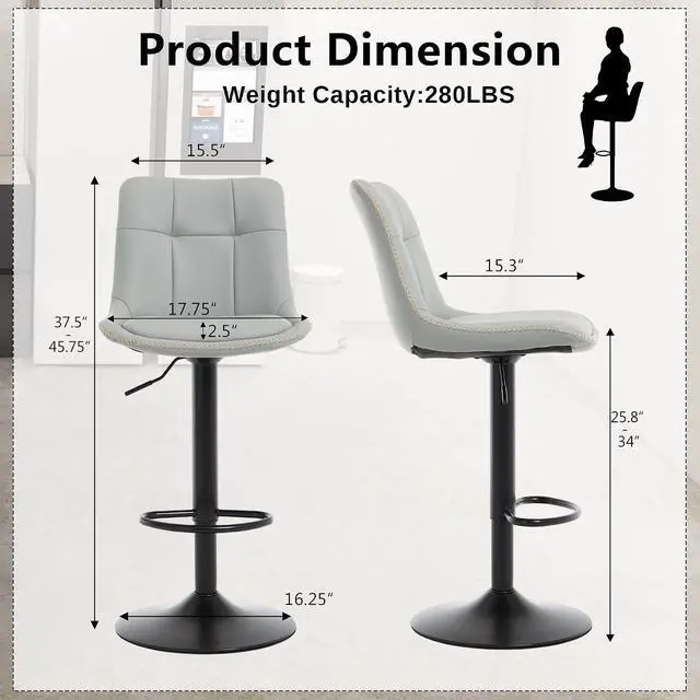 Alt view image 2 of 7 - Bar Stools Set of 6, Adjustable PU Leather Swivel Barstools, Modern Upholstered Counter Stools with Back and Footrest, Counter Height Barstools for Kitchen,Bar,Dining Room Gray