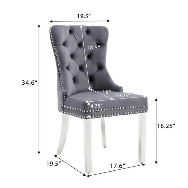 Alt view image 3 of 7 - Velvet Upholstered Dining Chairs Set of 4, Modern Button Tufted Chairs with Lion Head Pull Ring and Stainless Steel Legs for Living Room Kitchen, Gray