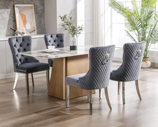Alt view image 2 of 7 - Velvet Upholstered Dining Chairs Set of 4, Modern Button Tufted Chairs with Lion Head Pull Ring and Stainless Steel Legs for Living Room Kitchen, Gray