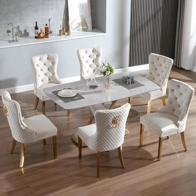 Alt view image 4 of 7 - Velvet Upholstered Dining Chairs Set of 6, Modern Button Tufted Chairs with Lion Head Pull Ring and Stainless Steel Legs for Living Room Kitchen, Beige