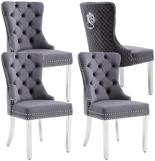 Main image of Velvet Upholstered Dining Chairs Set of 4, Modern Button Tufted Chairs with Lion Head Pull Ring and Stainless Steel Legs for Living Room Kitchen, Gray