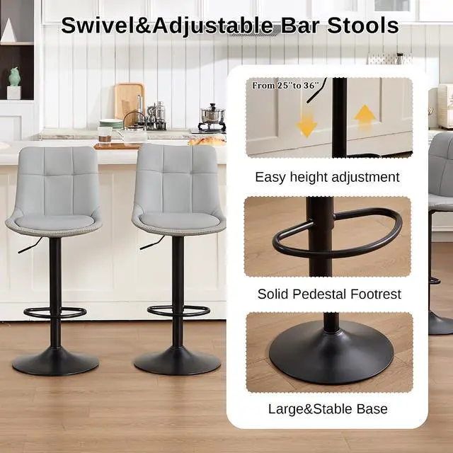 Alt view image 4 of 7 - Bar Stools Set of 6, Adjustable PU Leather Swivel Barstools, Modern Upholstered Counter Stools with Back and Footrest, Counter Height Barstools for Kitchen,Bar,Dining Room Gray