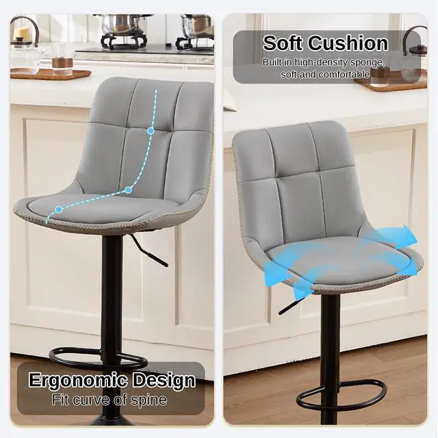 Alt view image 5 of 7 - Bar Stools Set of 6, Adjustable PU Leather Swivel Barstools, Modern Upholstered Counter Stools with Back and Footrest, Counter Height Barstools for Kitchen,Bar,Dining Room Gray