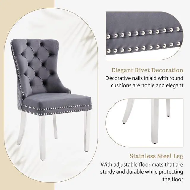 Alt view image 5 of 7 - Velvet Upholstered Dining Chairs Set of 4, Modern Button Tufted Chairs with Lion Head Pull Ring and Stainless Steel Legs for Living Room Kitchen, Gray