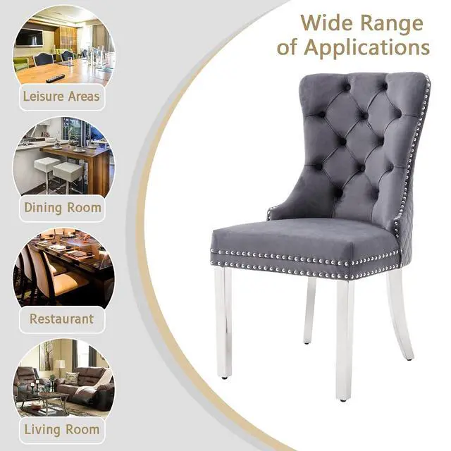 Alt view image 7 of 7 - Velvet Upholstered Dining Chairs Set of 4, Modern Button Tufted Chairs with Lion Head Pull Ring and Stainless Steel Legs for Living Room Kitchen, Gray
