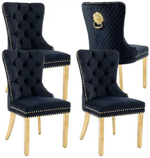 Main image of Velvet Upholstered Dining Chairs Set of 4, Modern Button Tufted Chairs with Lion Head Pull Ring and Stainless Steel Legs for Living Room Kitchen, Black