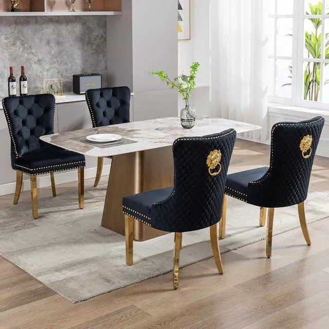 Alt view image 2 of 7 - Velvet Upholstered Dining Chairs Set of 4, Modern Button Tufted Chairs with Lion Head Pull Ring and Stainless Steel Legs for Living Room Kitchen, Black