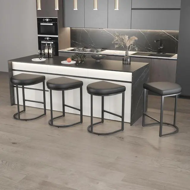 Alt view image 3 of 7 - Bar Stools Set of 2, 26 Inch Counter Height Stools, PU Leather Upholstered Bar Chairs with Metal Frame, Modern Bar Stools for Kitchen Island, Dining, Living Room, Black