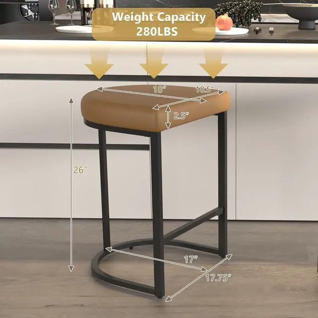 Alt view image 2 of 7 - Bar Stools Set of 6, 26 Inch Counter Height Stools, PU Leather Upholstered Bar Chairs with Metal Frame, Modern Bar Stools for Kitchen Island, Dining, Living Room, Brown