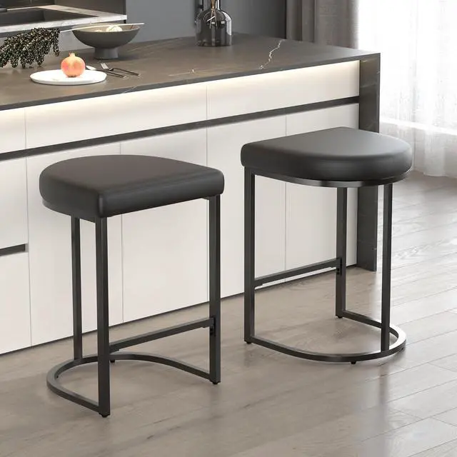 Main image of Bar Stools Set of 2, 26 Inch Counter Height Stools, PU Leather Upholstered Bar Chairs with Metal Frame, Modern Bar Stools for Kitchen Island, Dining, Living Room, Black