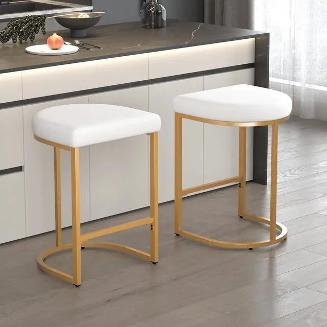 Main image of Bar Stools Set of 2, 26 Inch Counter Height Stools, PU Leather Upholstered Bar Chairs with Metal Frame, Modern Bar Stools for Kitchen Island, Dining, Living Room, White