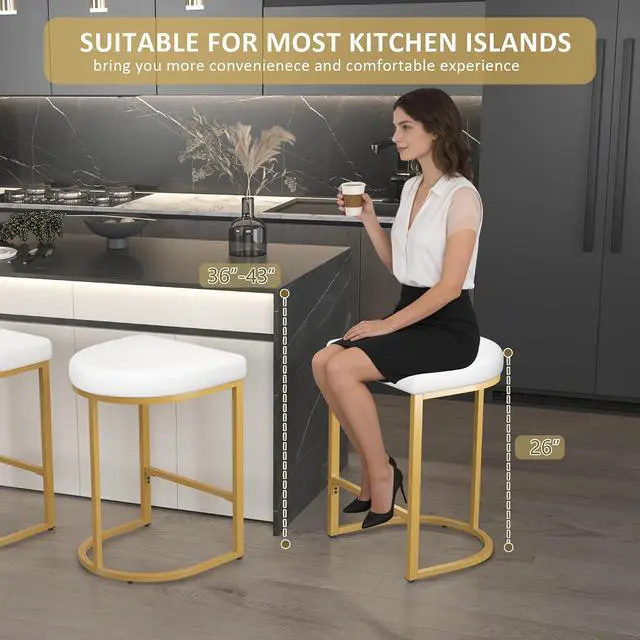 Alt view image 2 of 7 - Bar Stools Set of 2, 26 Inch Counter Height Stools, PU Leather Upholstered Bar Chairs with Metal Frame, Modern Bar Stools for Kitchen Island, Dining, Living Room, White