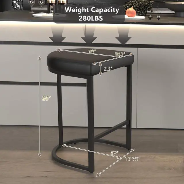 Alt view image 2 of 7 - Bar Stools Set of 2, 26 Inch Counter Height Stools, PU Leather Upholstered Bar Chairs with Metal Frame, Modern Bar Stools for Kitchen Island, Dining, Living Room, Black